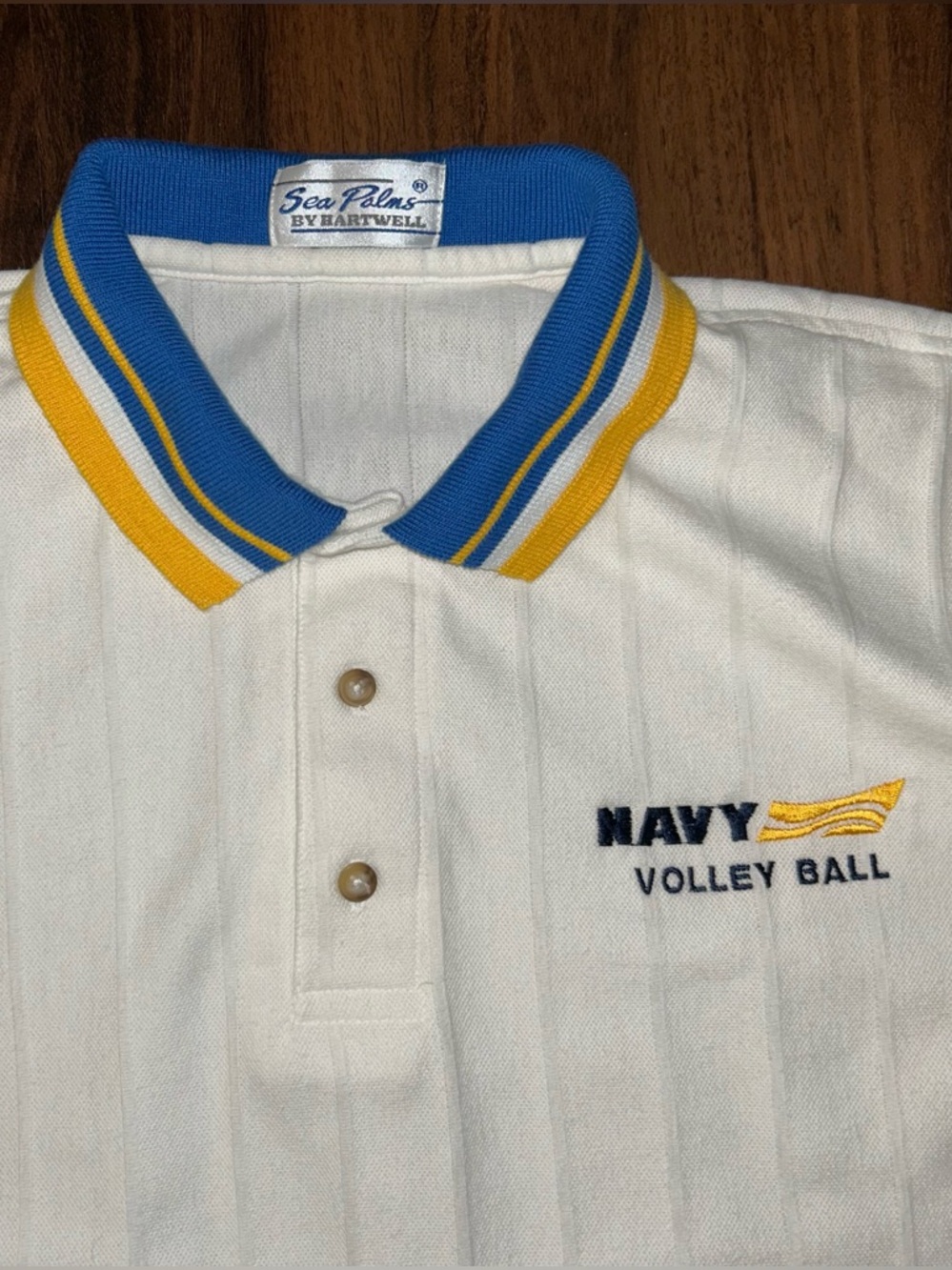 Vintage NAVY Volley Ball Polo Men’s XL White Ribbed Sea Palms By Hartwell